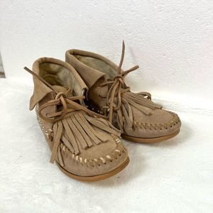 Zara Brown Suede Moccasins Fringe Studded US 6.5 EU 37